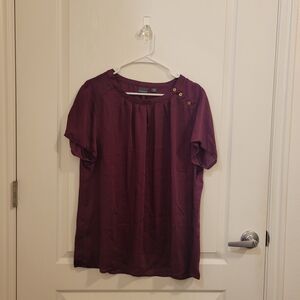 Covington Deep Plum Short-Sleeve Pleated Blouse with Shoulder Buttons